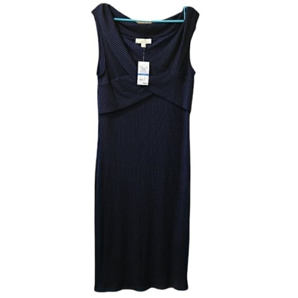 Michael Michael Kors Navy Blue Ribbed Knit Stretch Midi Dress Gold Zip XL - Picture 1 of 13